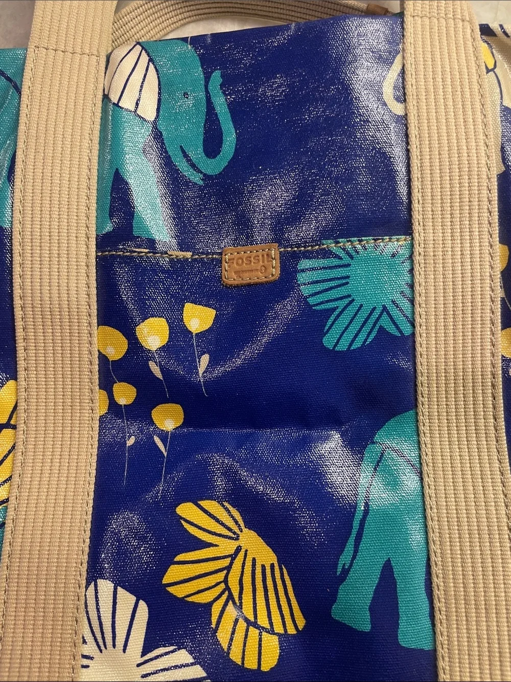 Fossil Blue Multicolor Elephant Print Tote
